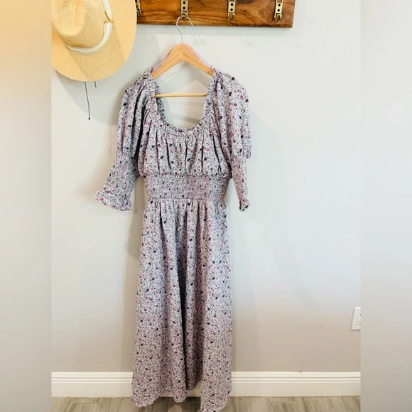 Tuckernuck Hyacinth House Smocked Ruched Cali Floral Midi Dress in Lavender M - Picture 13 of 16